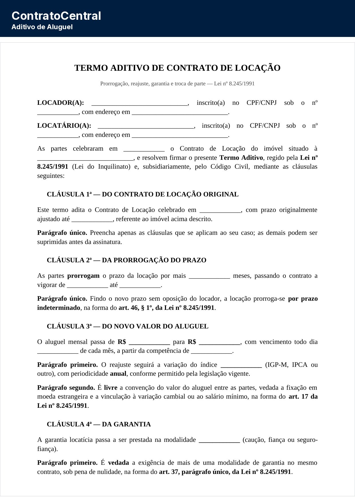 Primeira página do modelo de aditivo de contrato de locação, com a qualificação das partes e a cláusula de prorrogação