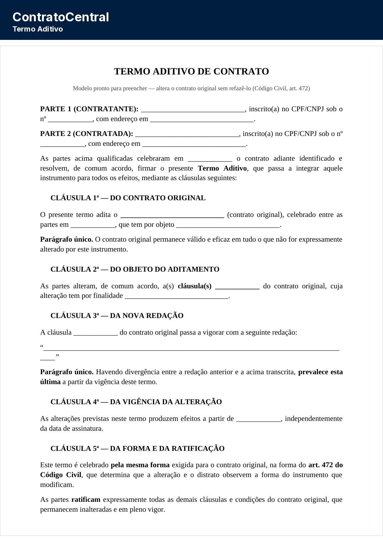 Primeira página do modelo de termo aditivo de contrato, com a qualificação das partes e a identificação do contrato original