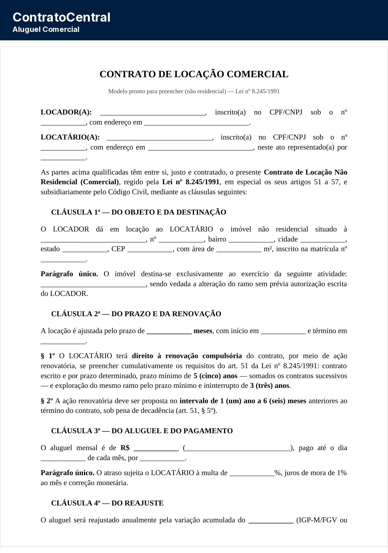 Primeira página do modelo de contrato de locação comercial, com a qualificação das partes e a cláusula de destinação