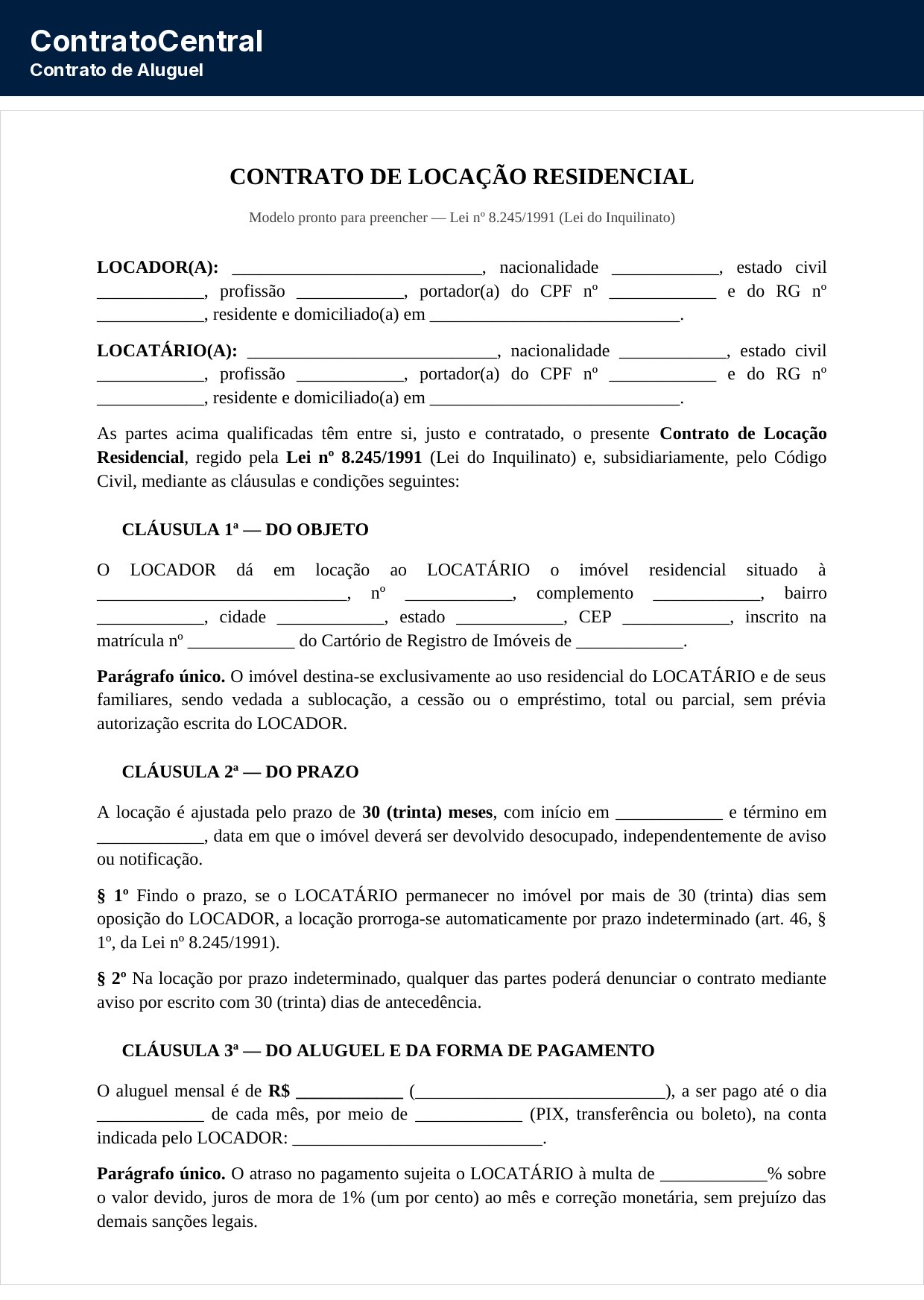 Primeira página do modelo de contrato de aluguel residencial, com a qualificação das partes e as cláusulas de objeto e prazo