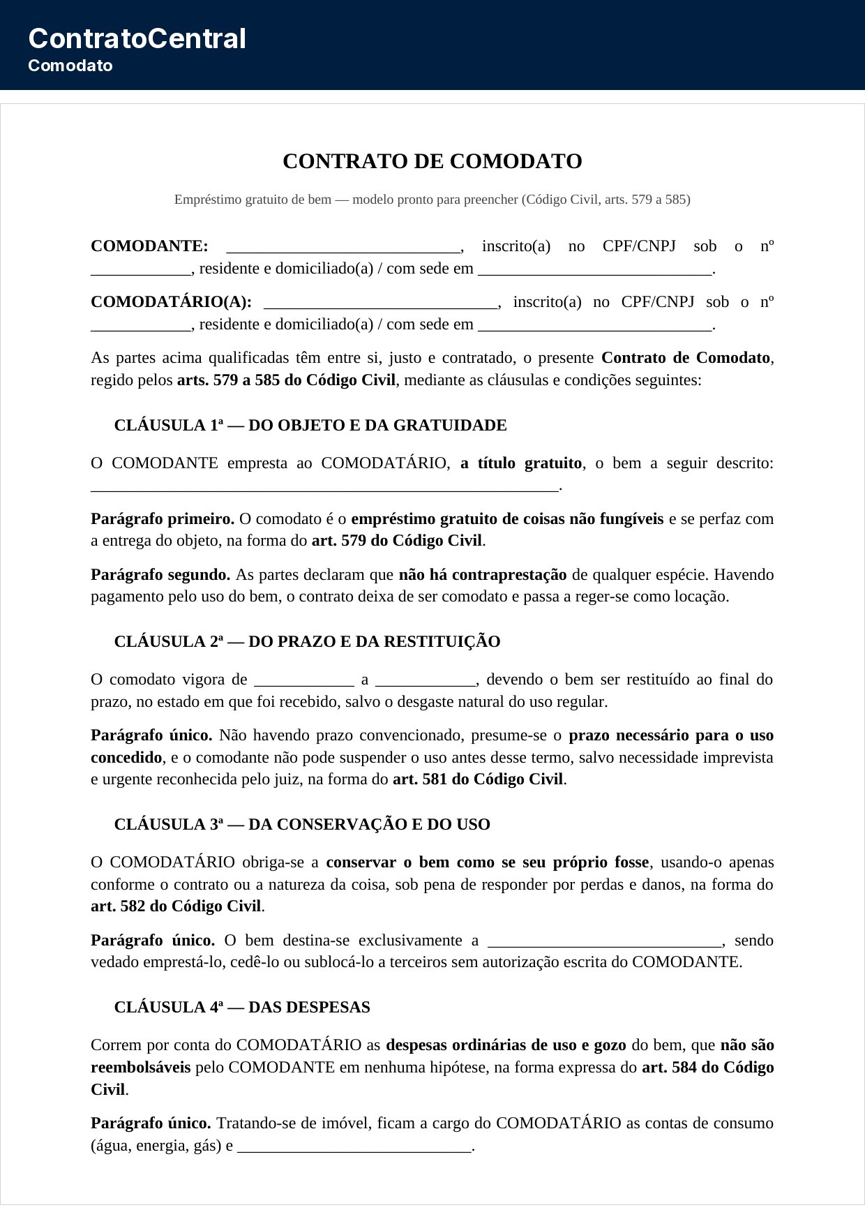 Primeira página do modelo de contrato de comodato, com a qualificação das partes e a cláusula de objeto e gratuidade