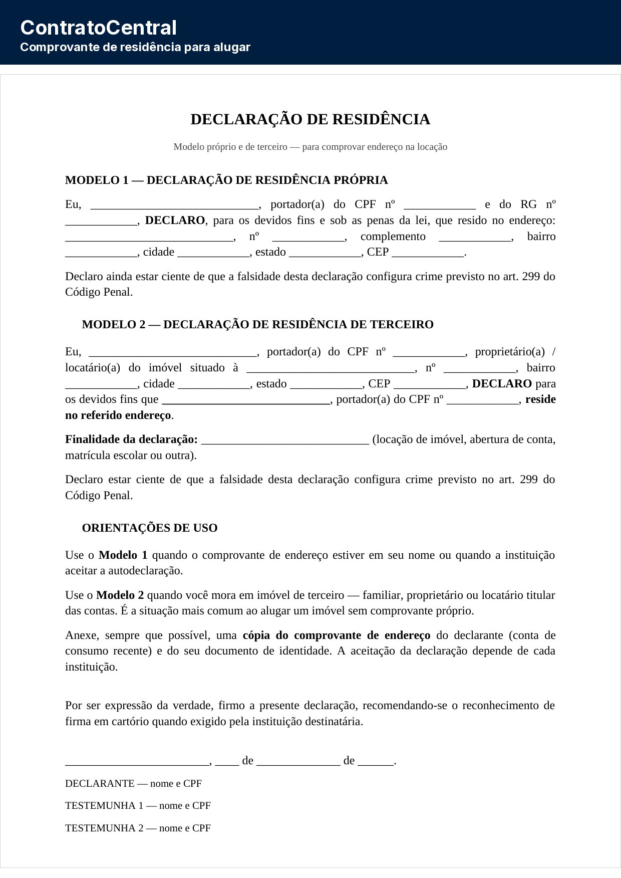 Modelo de declaração de residência, com a versão própria e a versão de terceiro