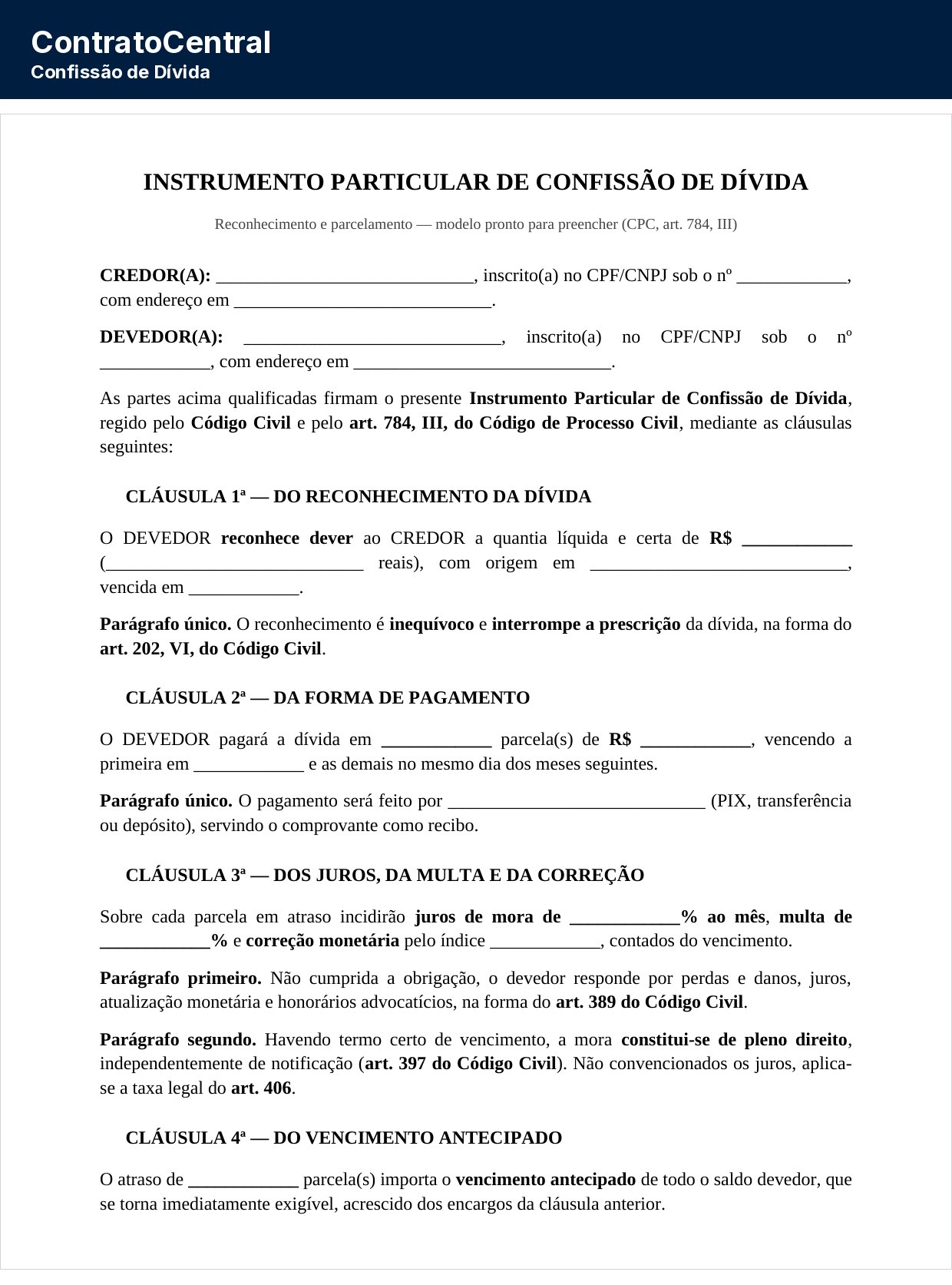 Primeira página do modelo de confissão de dívida, com a qualificação das partes e o reconhecimento do valor devido