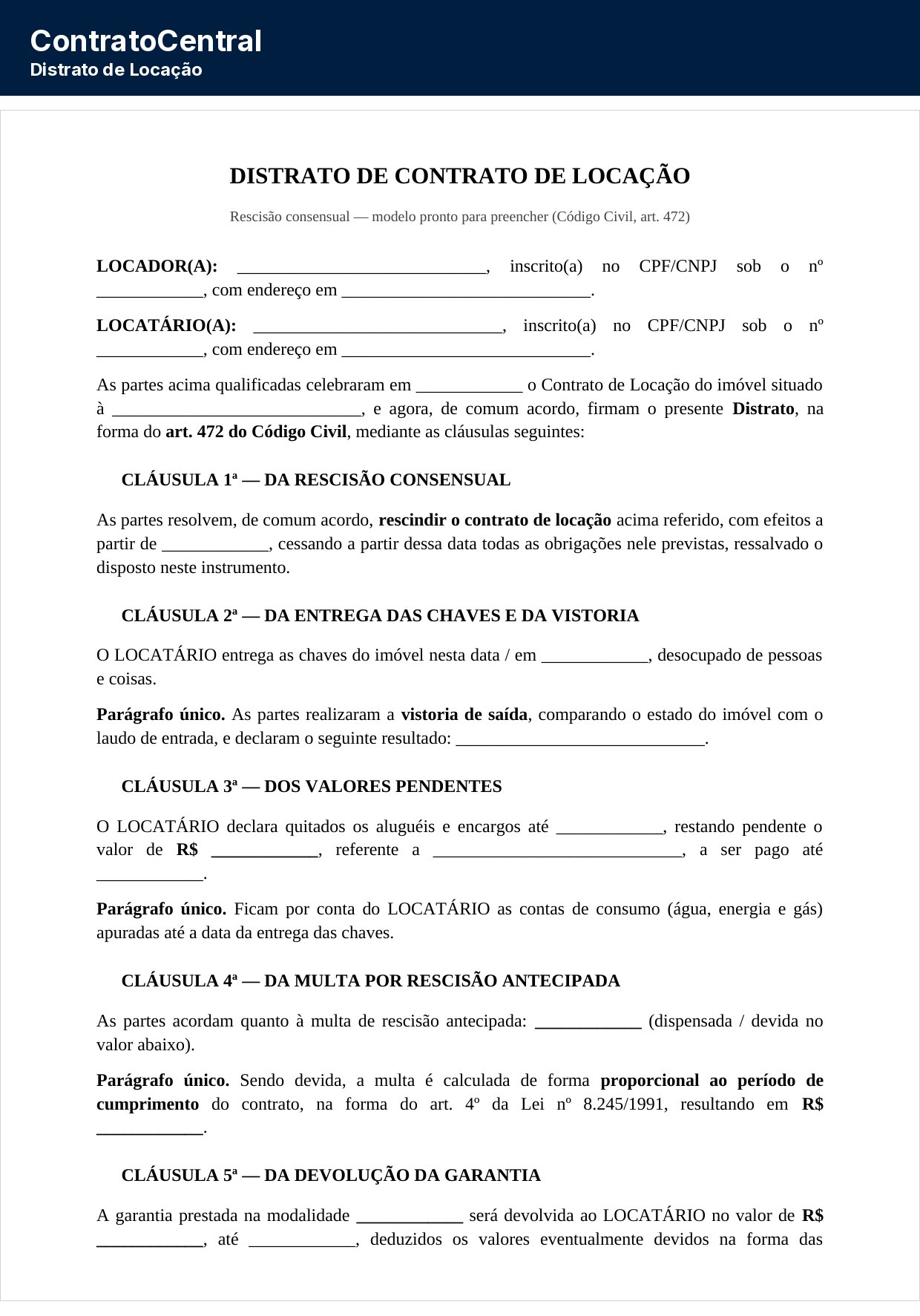 Primeira página do modelo de distrato de contrato de locação, com as partes e a cláusula de rescisão consensual