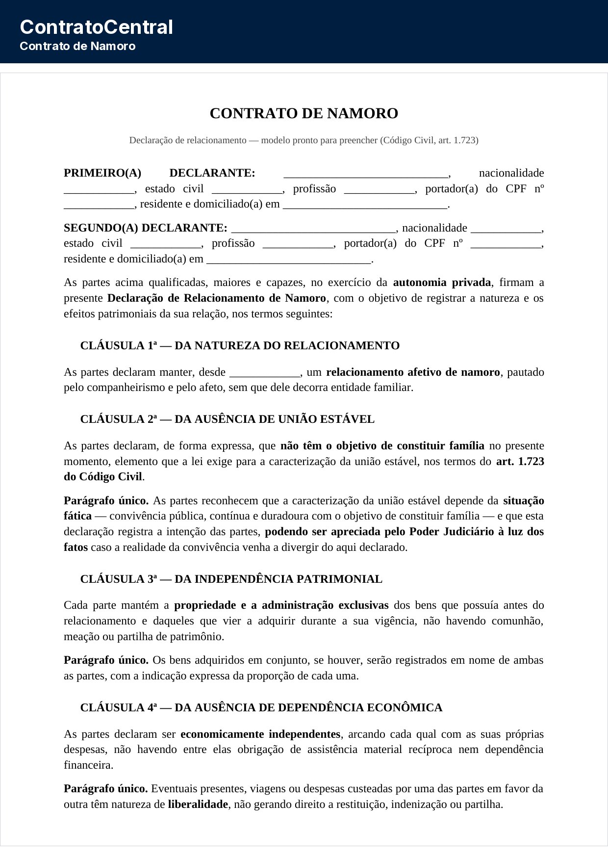 Primeira página do modelo de contrato de namoro, com a qualificação das partes e a declaração da natureza do relacionamento