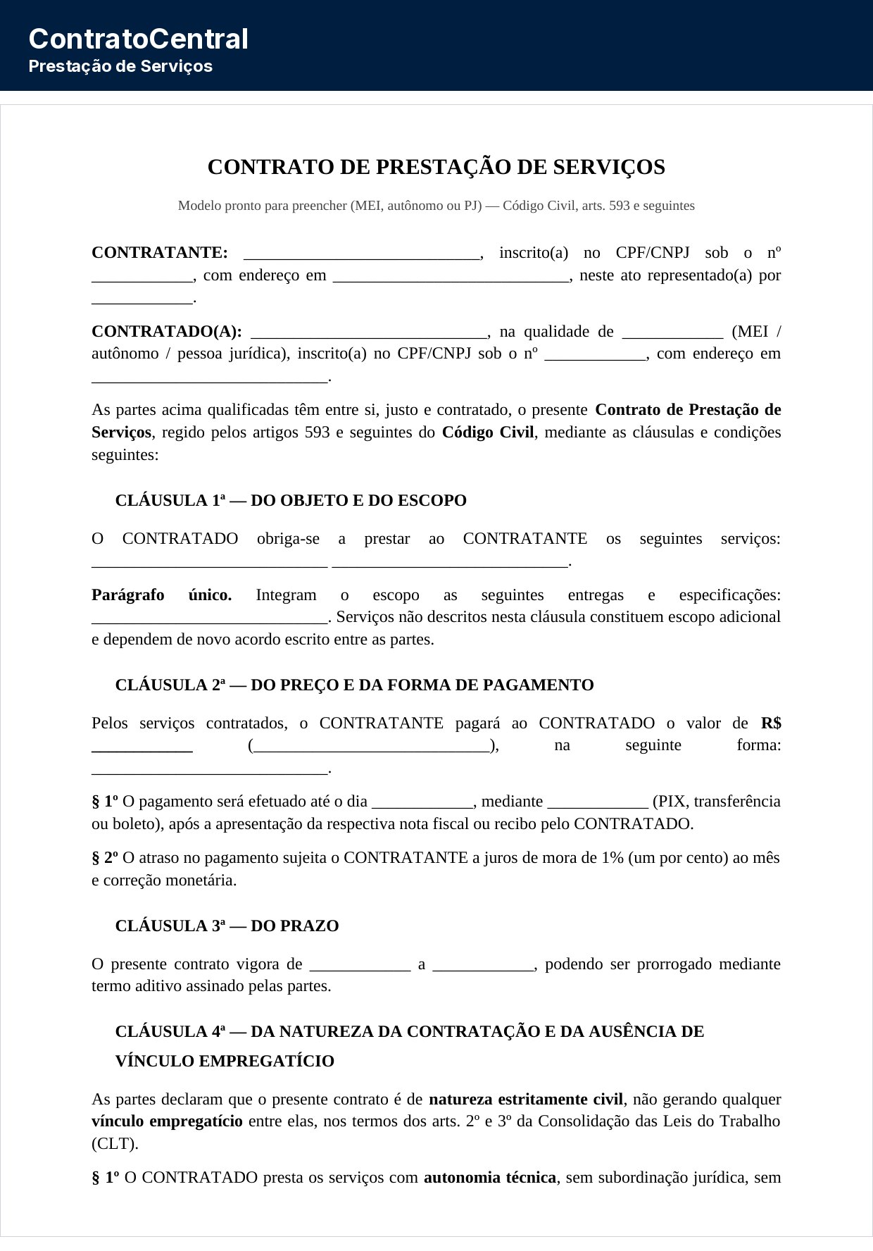 Primeira página do modelo de contrato de prestação de serviços, com a qualificação das partes e a cláusula de objeto