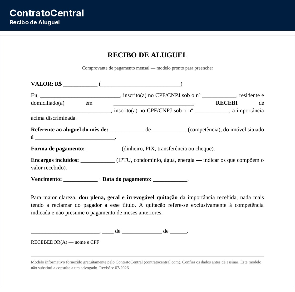 Modelo de recibo de aluguel, com valor por extenso e cláusula de quitação