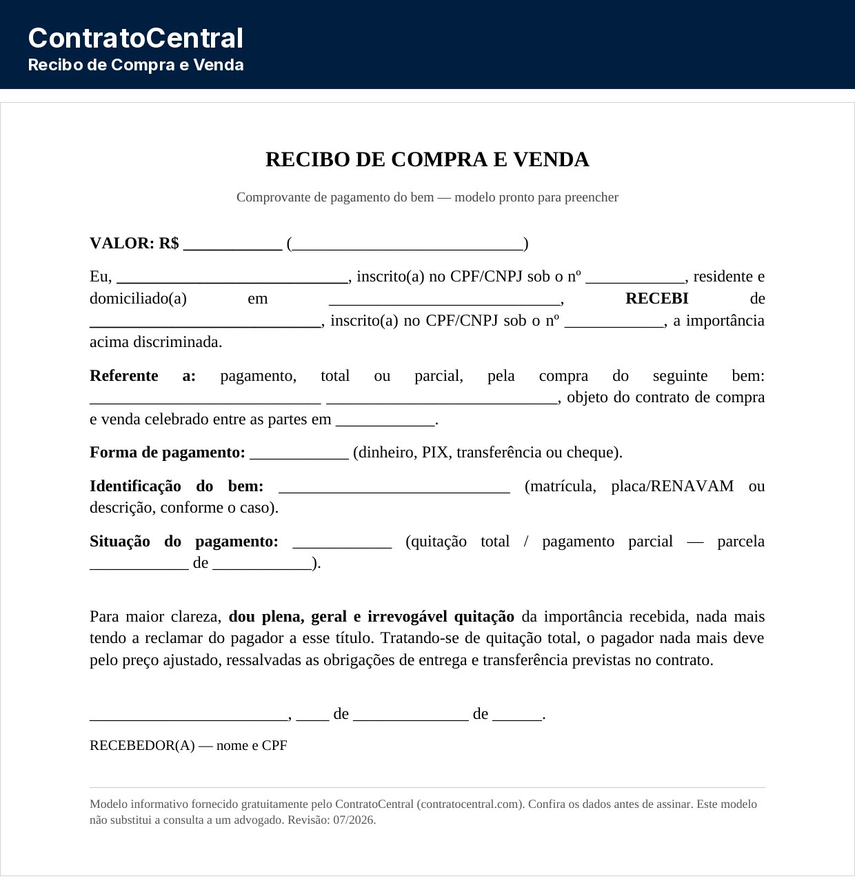 Modelo de recibo de compra e venda, com valor por extenso e cláusula de quitação
