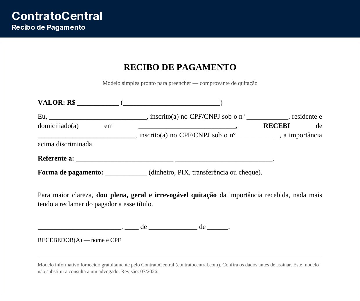 Modelo de recibo de pagamento simples, com valor por extenso e cláusula de quitação