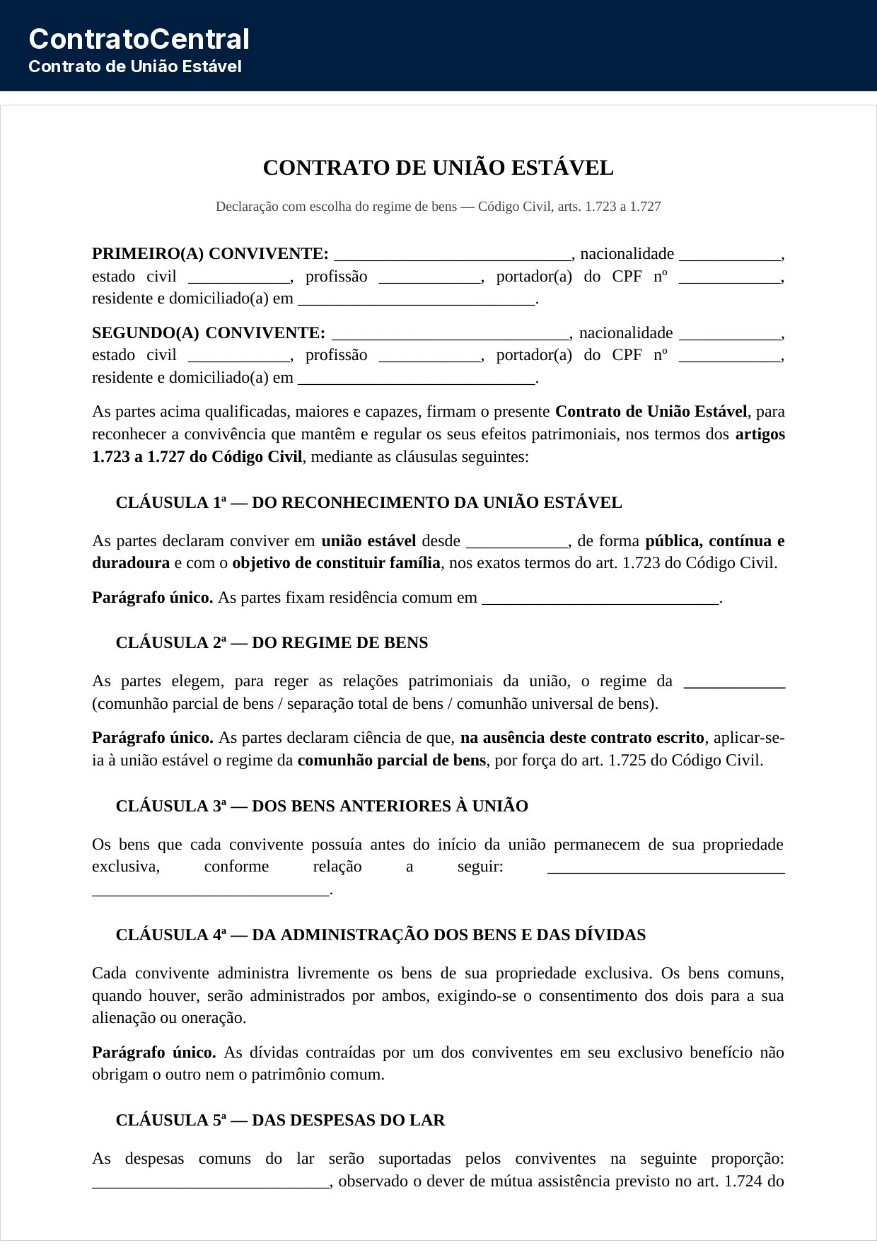 Primeira página do modelo de contrato de união estável, com a qualificação dos conviventes e a cláusula de reconhecimento