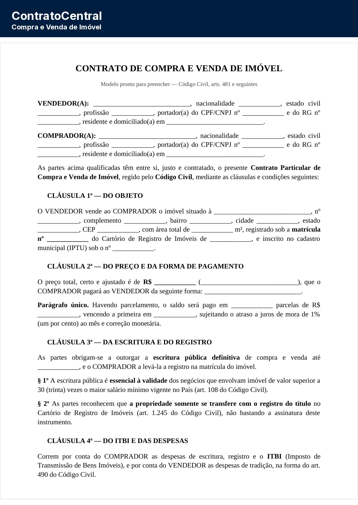 Primeira página do modelo de contrato de compra e venda de imóvel, com a qualificação das partes e a descrição do imóvel