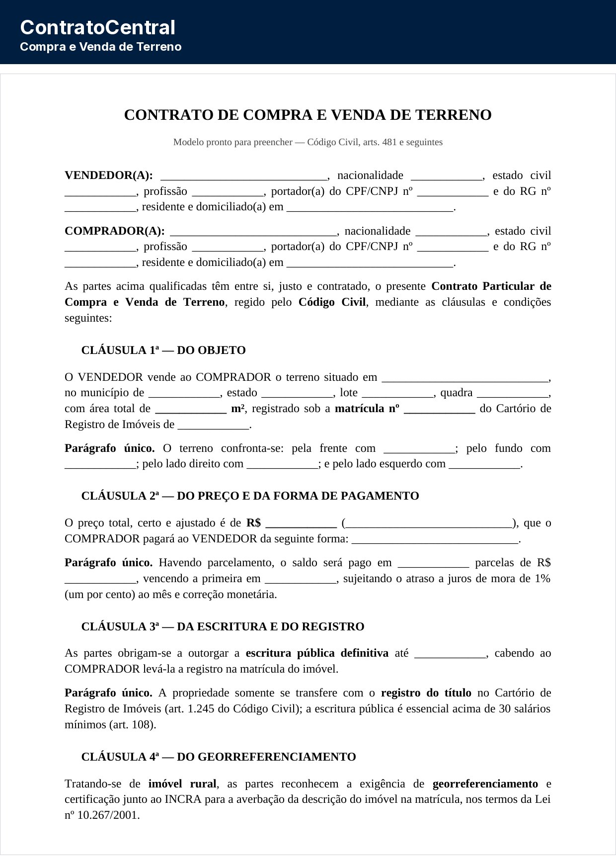 Primeira página do modelo de contrato de compra e venda de terreno, com a qualificação das partes e a descrição do lote