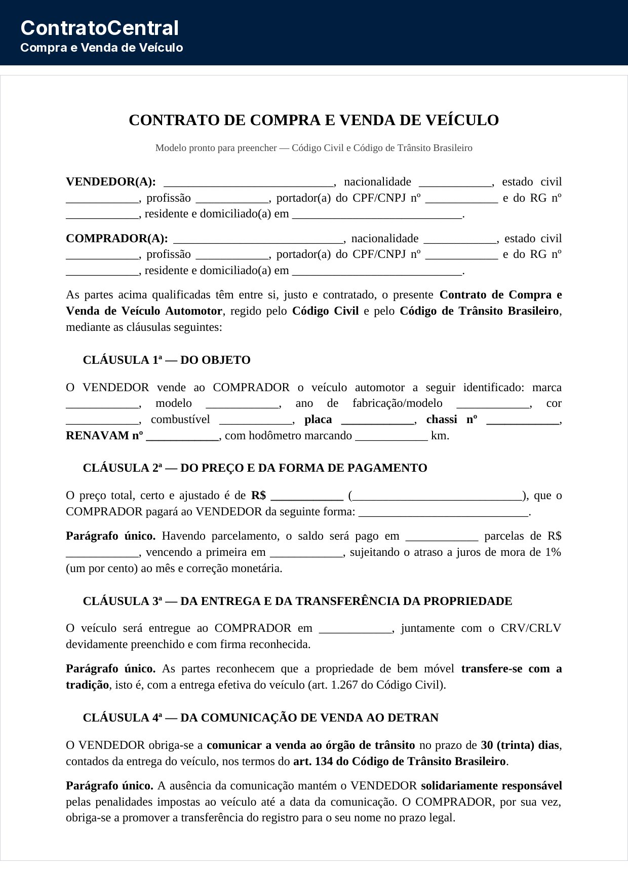 Primeira página do modelo de contrato de compra e venda de veículo, com as partes e a identificação do veículo