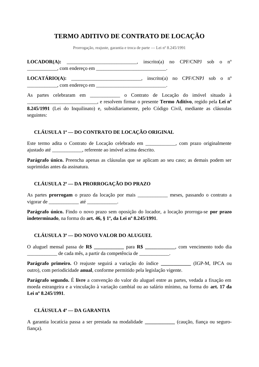 Primeira página do modelo de aditivo de contrato de locação, com a qualificação das partes e a cláusula de prorrogação