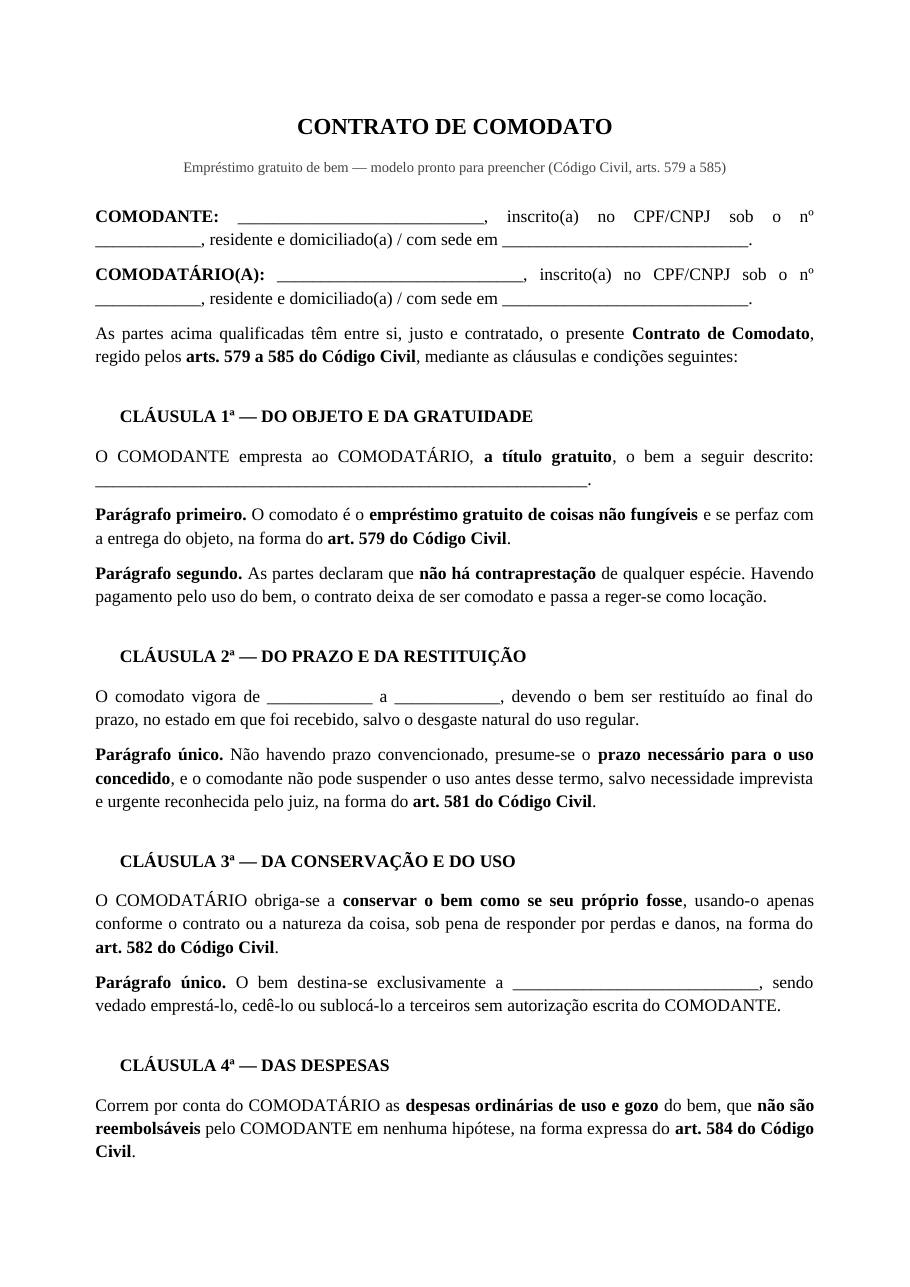 Primeira página do modelo de contrato de comodato, com a qualificação das partes e a cláusula de objeto e gratuidade