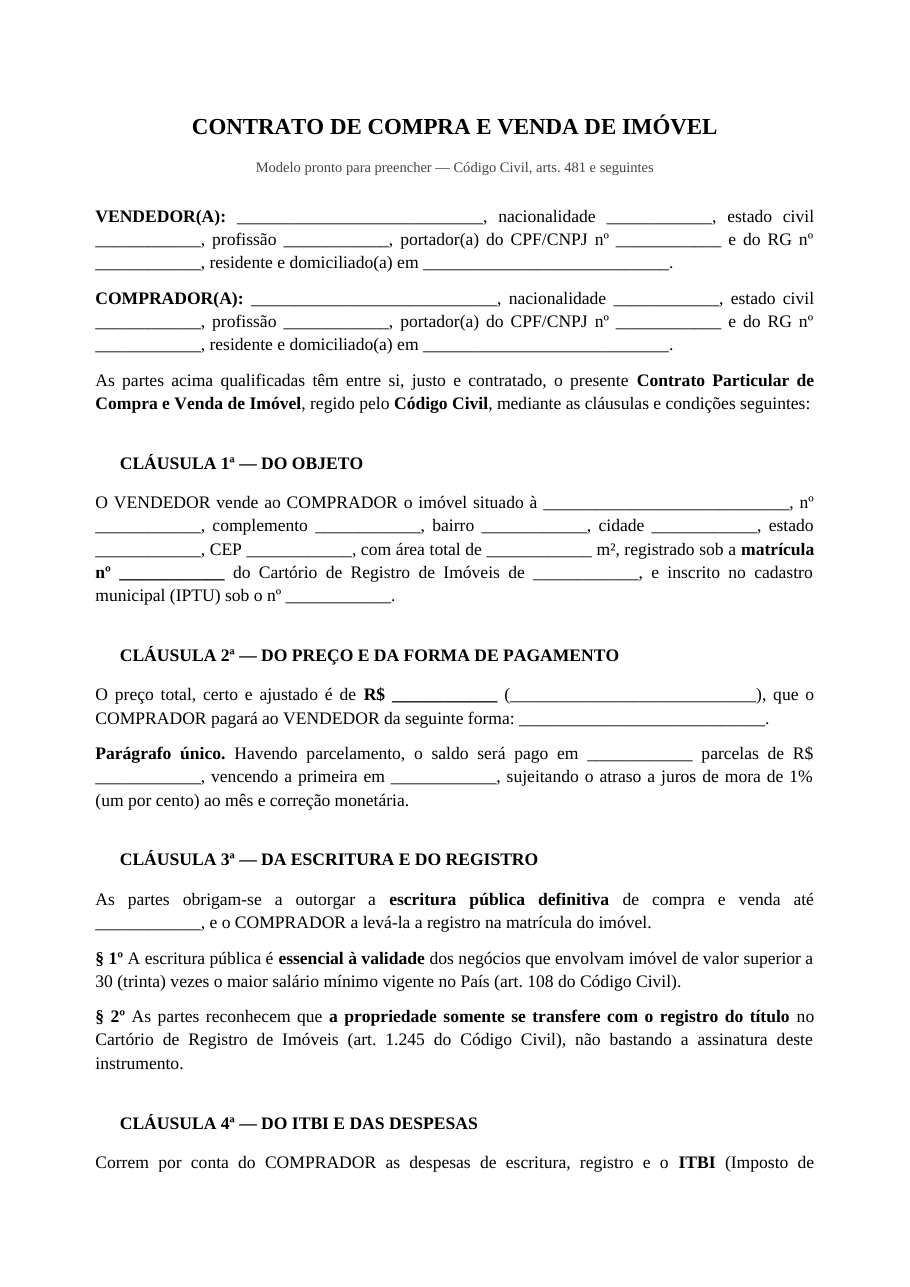 Primeira página do modelo de contrato de compra e venda de imóvel, com a qualificação das partes e a descrição do imóvel