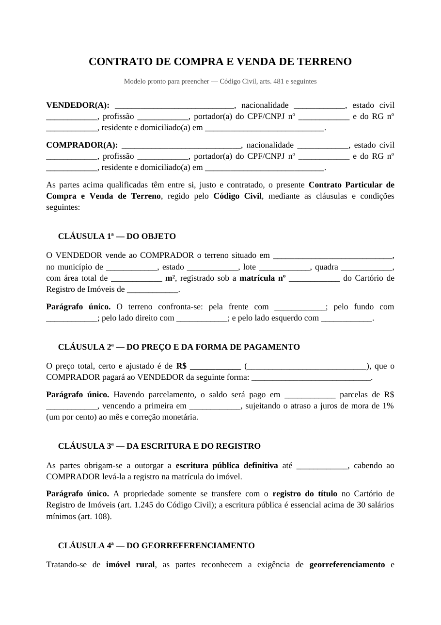 Primeira página do modelo de contrato de compra e venda de terreno, com a qualificação das partes e a descrição do lote