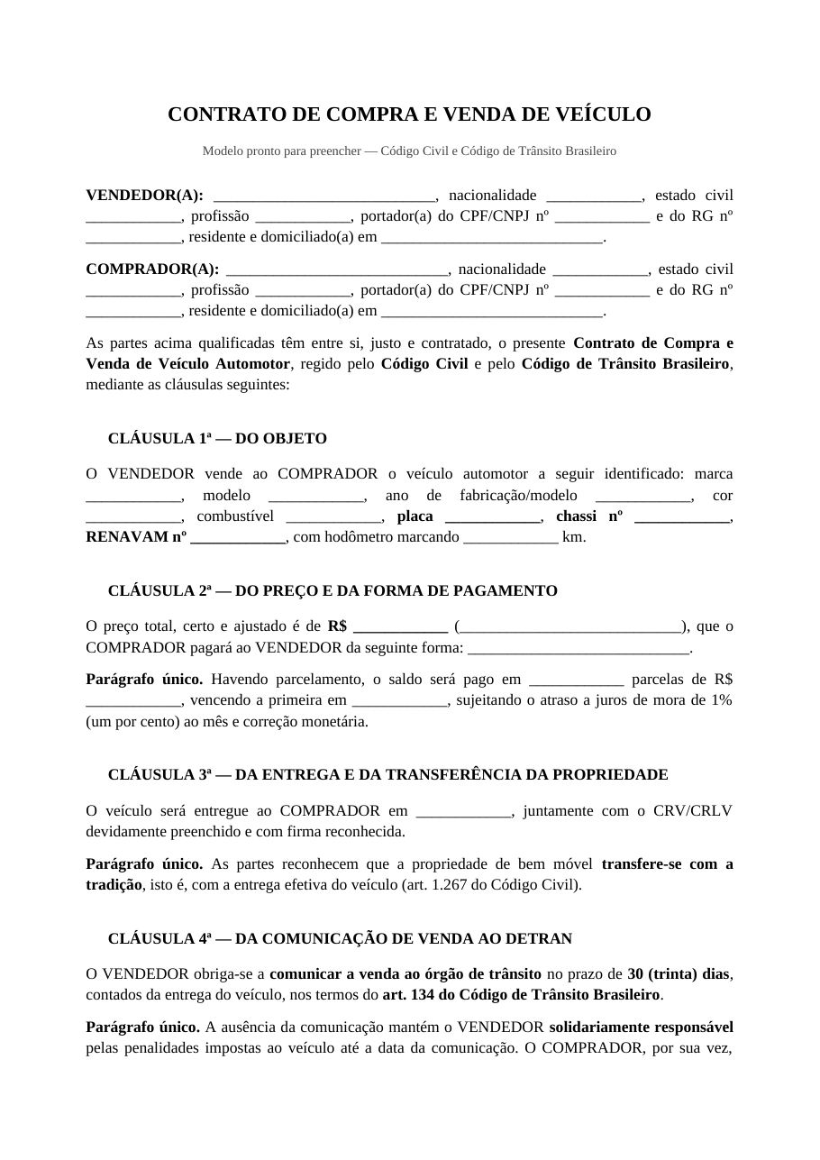 Primeira página do modelo de contrato de compra e venda de veículo, com a qualificação das partes e a identificação do veículo