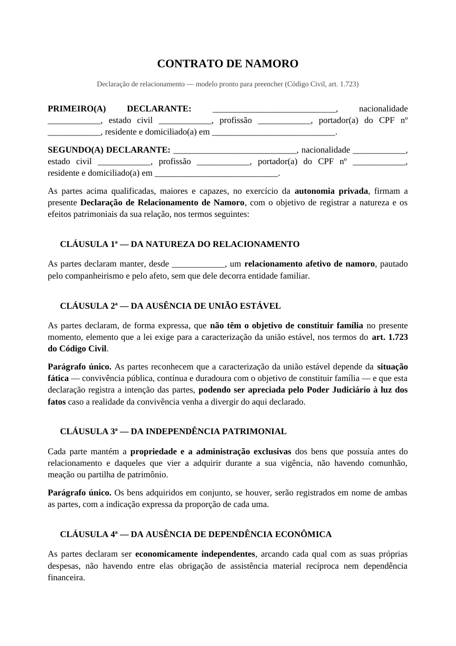 Primeira página do modelo de contrato de namoro, com a qualificação das partes e a declaração da natureza do relacionamento