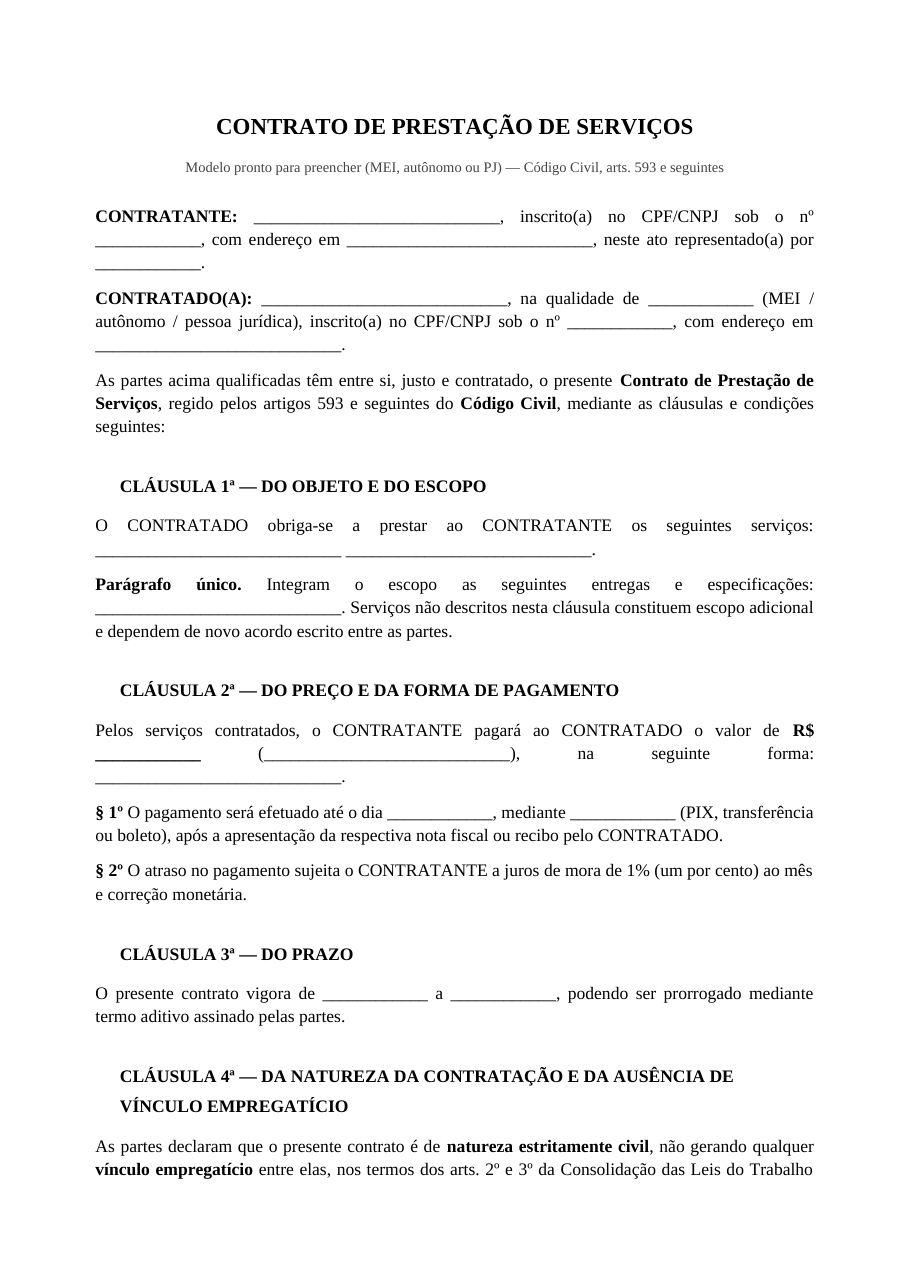 Primeira página do modelo de contrato de prestação de serviços, com a qualificação das partes e a cláusula de objeto