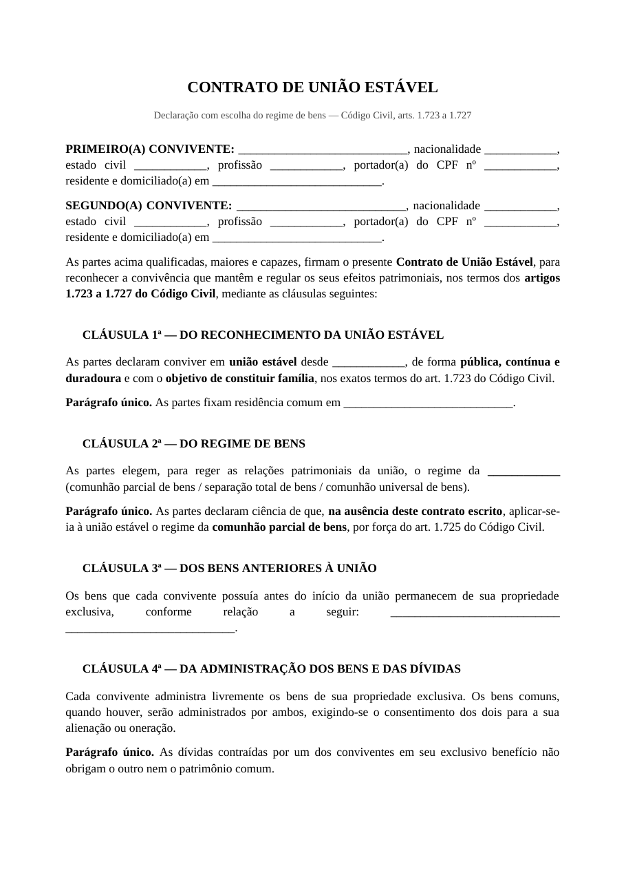 Primeira página do modelo de contrato de união estável, com a qualificação dos conviventes e a cláusula de reconhecimento