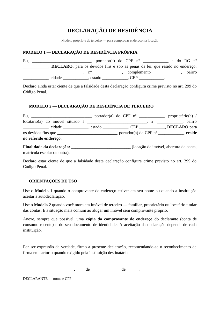 Modelo de declaração de residência, com a versão própria e a versão de terceiro