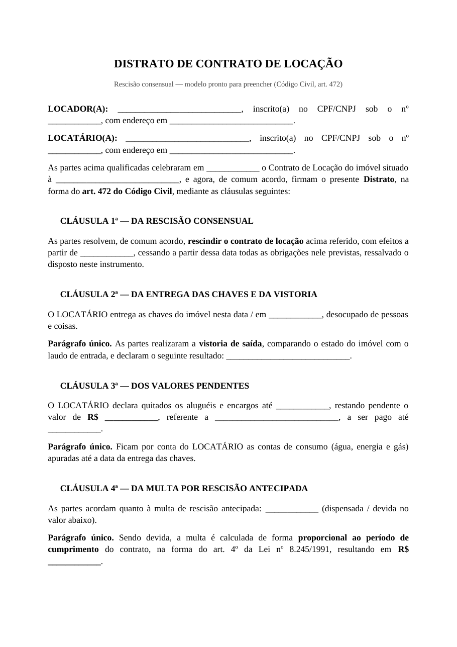 Primeira página do modelo de distrato de contrato de locação, com a qualificação das partes e a cláusula de rescisão consensual