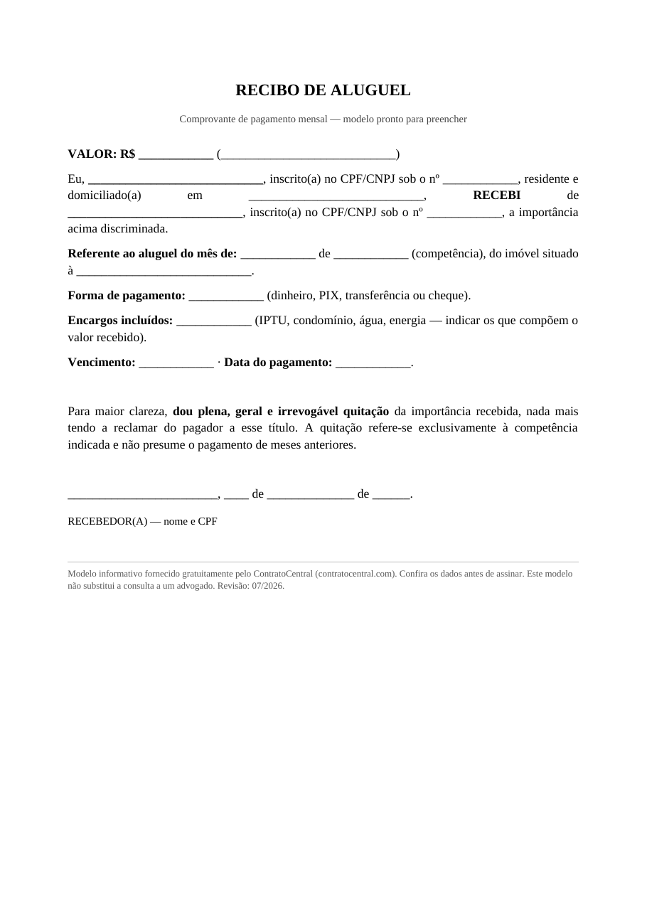 Modelo de recibo de aluguel, com valor por extenso e cláusula de quitação
