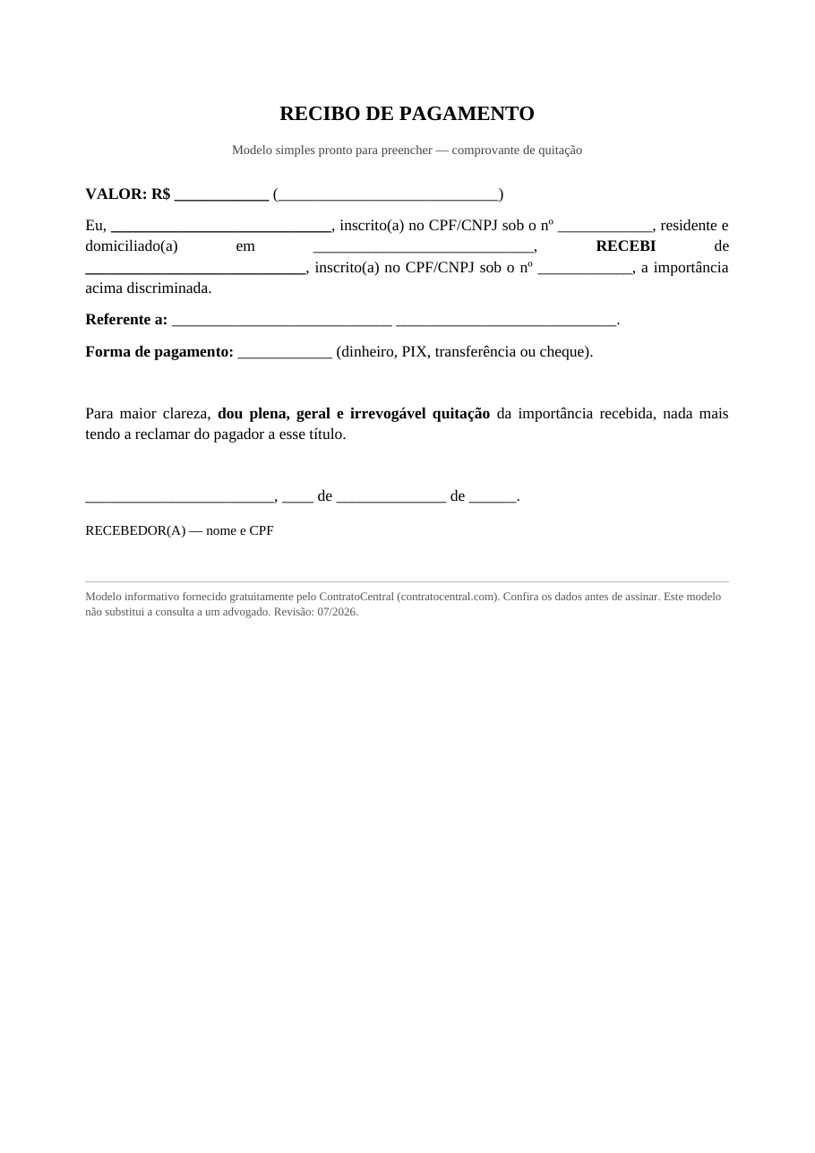 Modelo de recibo de pagamento simples, com valor por extenso e cláusula de quitação