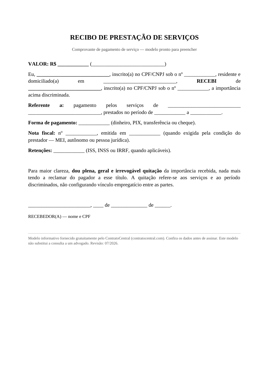 Modelo de recibo de prestação de serviços, com valor por extenso e cláusula de quitação