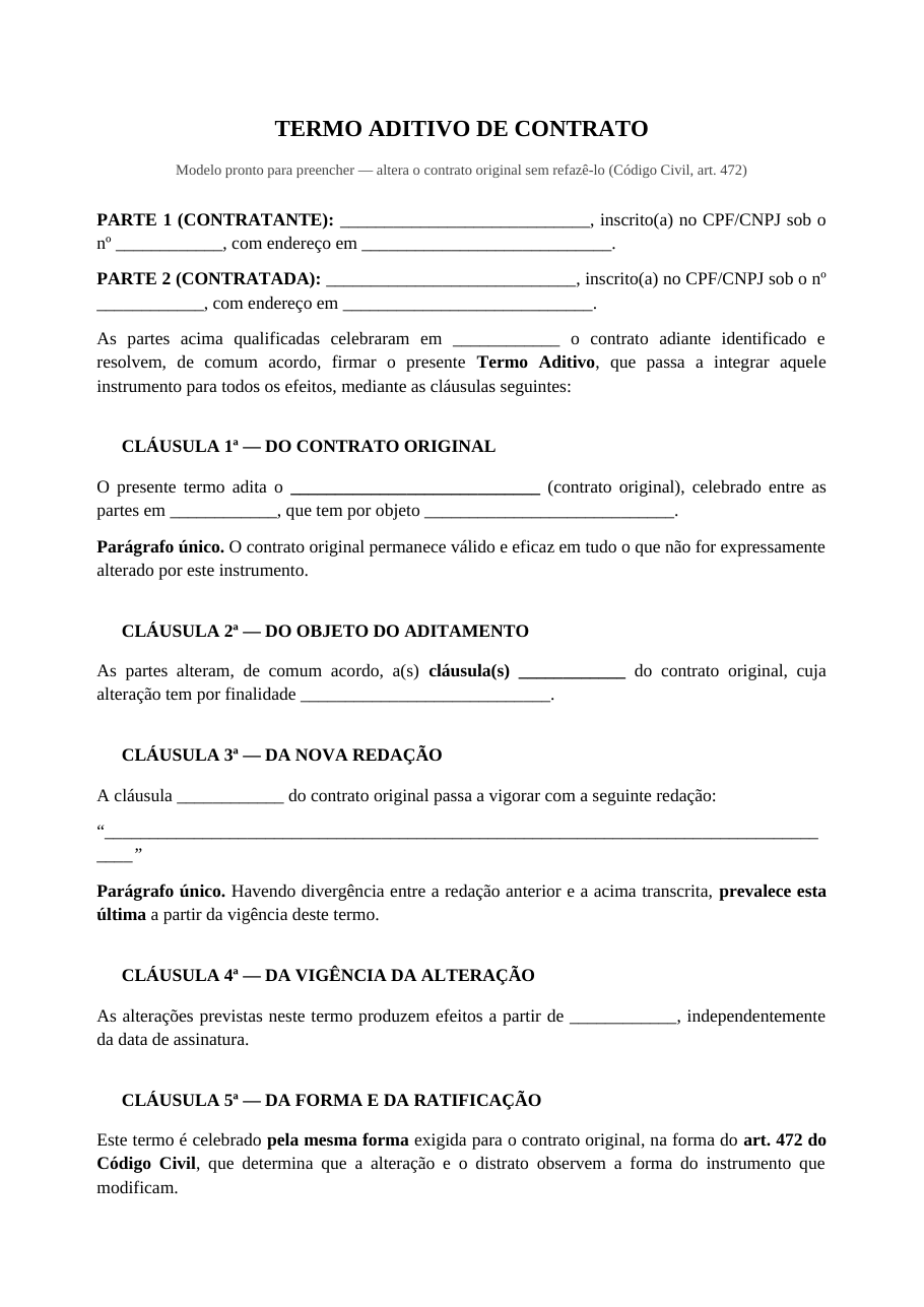 Primeira página do modelo de termo aditivo de contrato, com a qualificação das partes e a identificação do contrato original