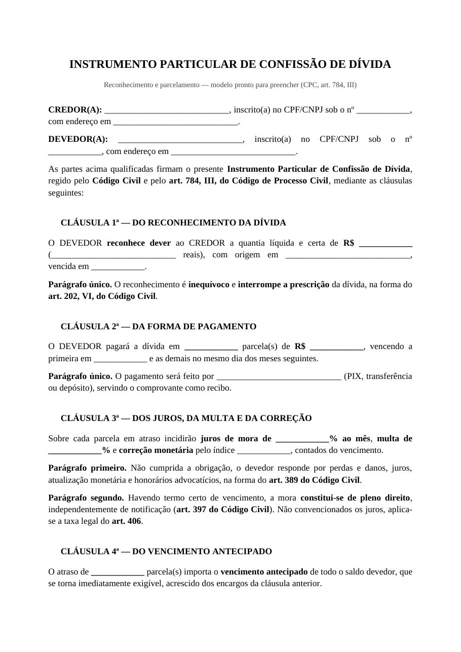 Primeira página do modelo de instrumento particular de confissão de dívida, com a qualificação das partes e o reconhecimento do valor